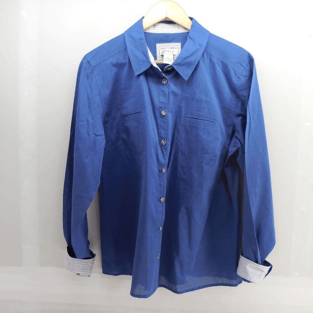 Orvis Women's Long Sleeve Button Front Shirt Size Large Blue 2 Pocket Flip Cuffs
